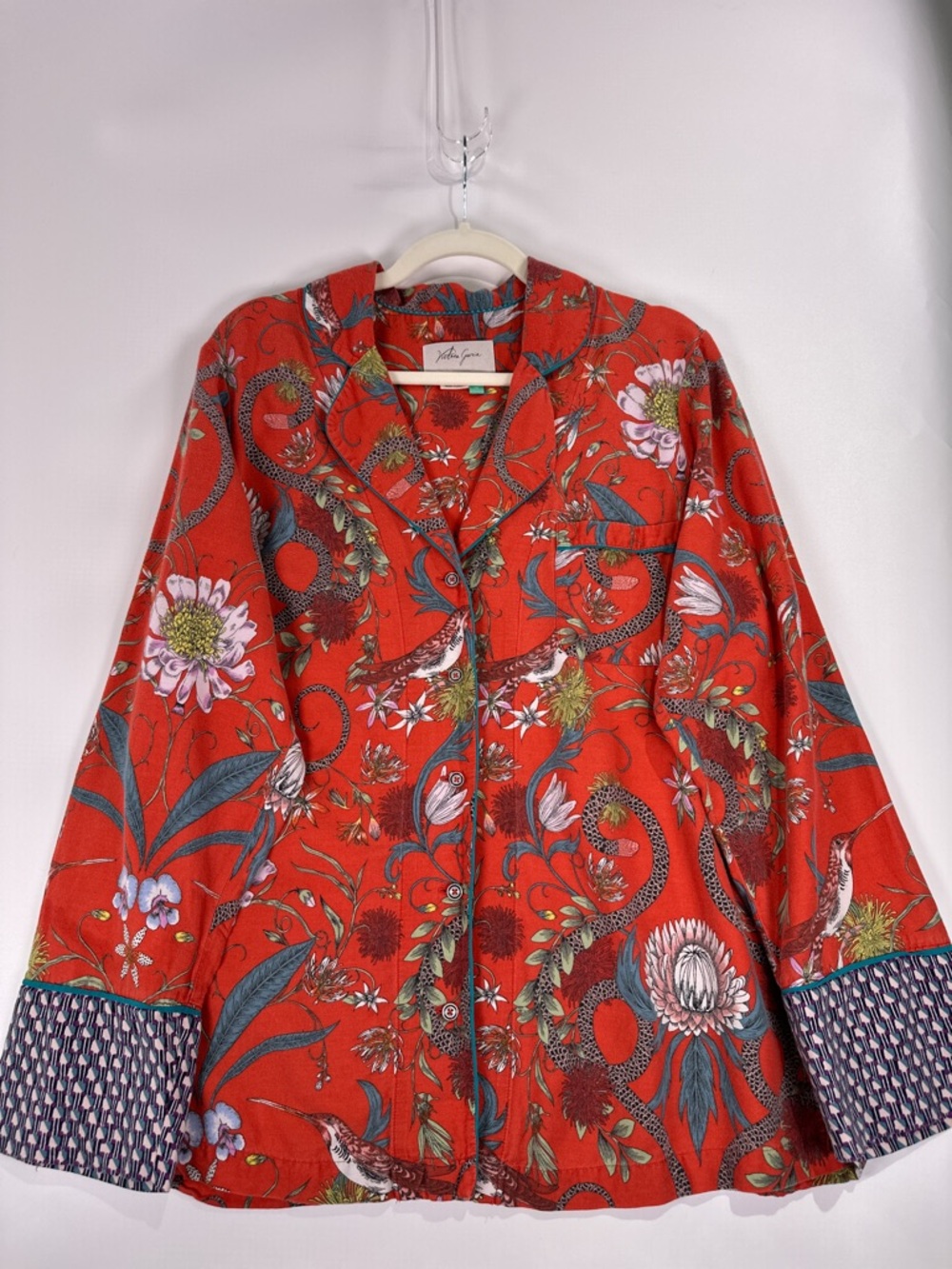 Anthropologie Victoria Garcia Pajama Set Wide Leg Floral Bird Red 1X - Picture 2 of 12
